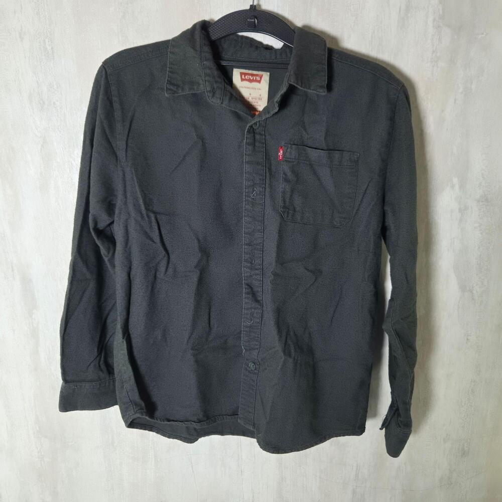 Levis Shirt Boys 12-13 Gray Twill Long Sleeve Button-Up Pocket Logo Casual